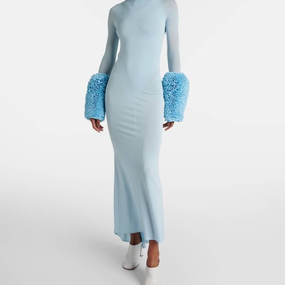 New Alaia Ruffle Dress in Ciel blue long sleeve maxi jersey bodycon - Picture 10 of 15
